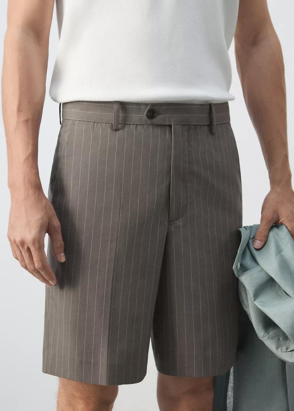 Grey Linen Lyocell Striped Bermuda Shorts, Medium Grey, large image number 4
