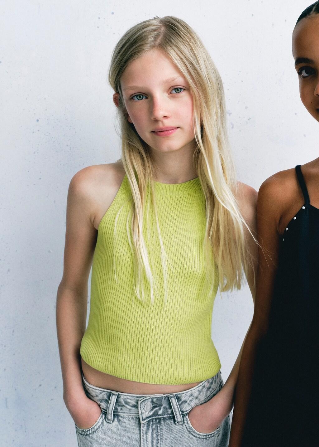 Yellow Ribbed Halter Top, Kids Girls, Bright Yellow, large image number 0