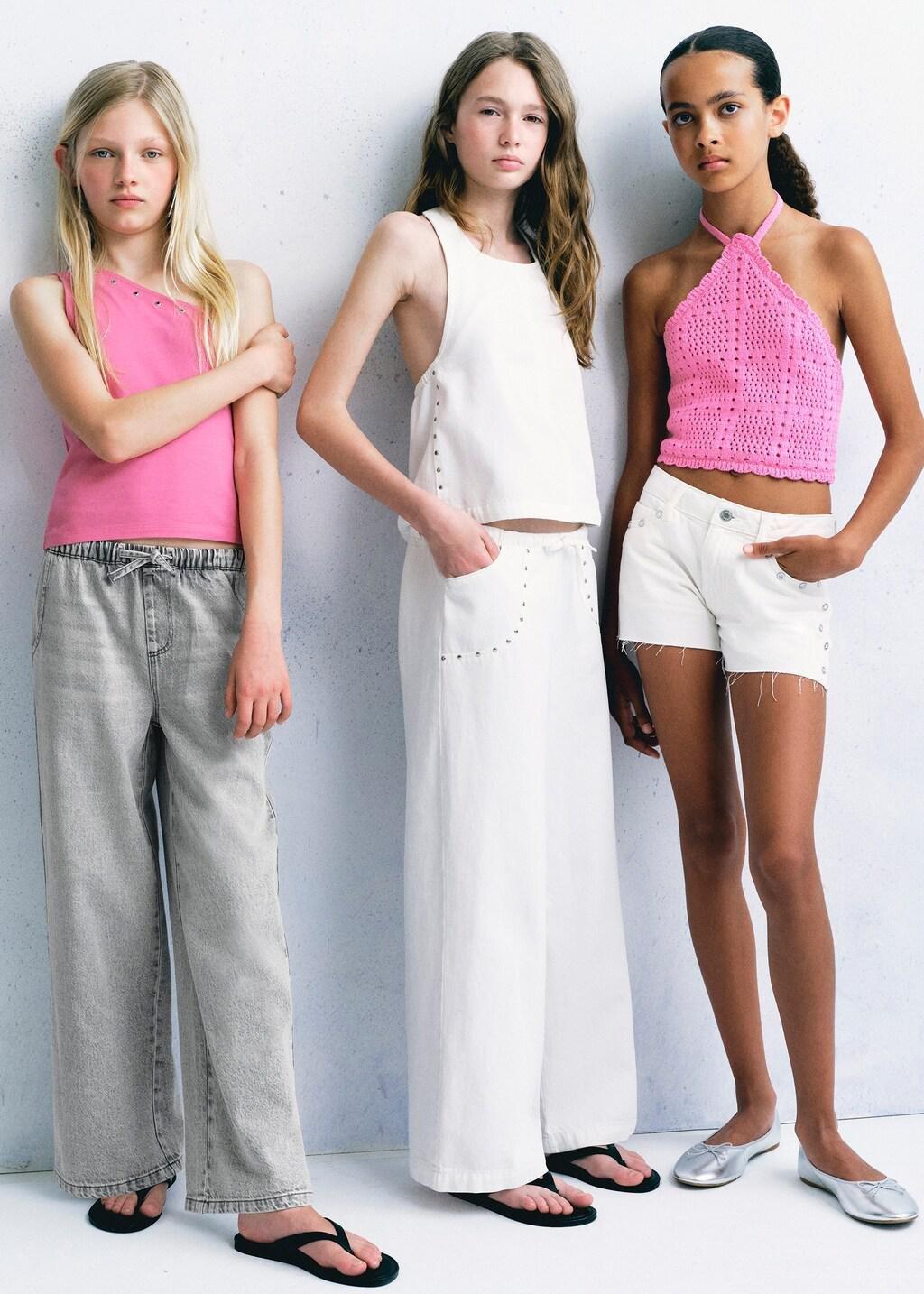 White Studded Long Trousers, Kids Girls, White, large image number 0