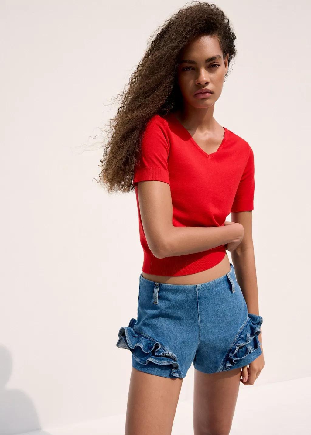 Red V-Neck Knit Sweater, Red, large image number 3