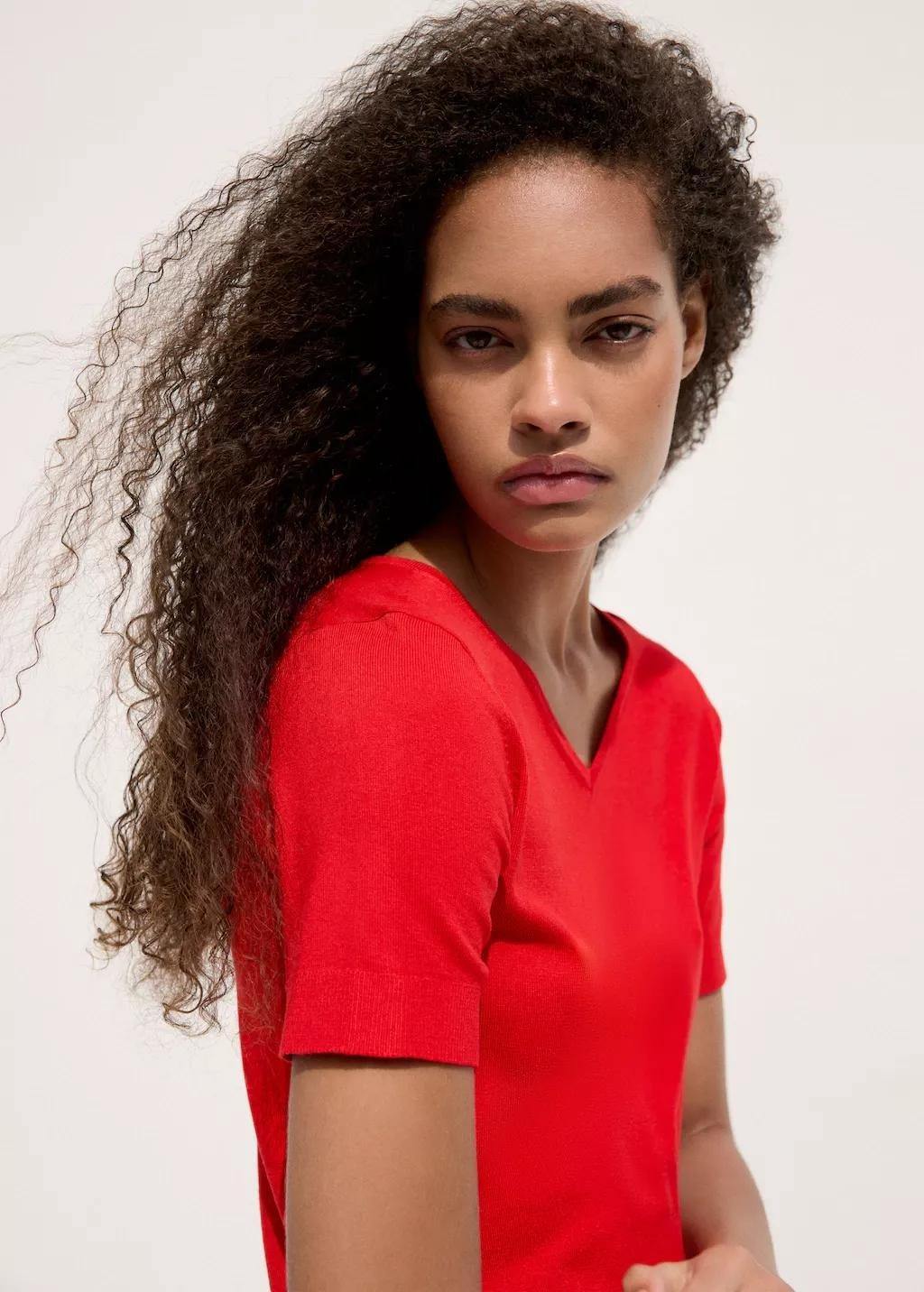 Red V-Neck Knit Sweater, Red, large image number 4