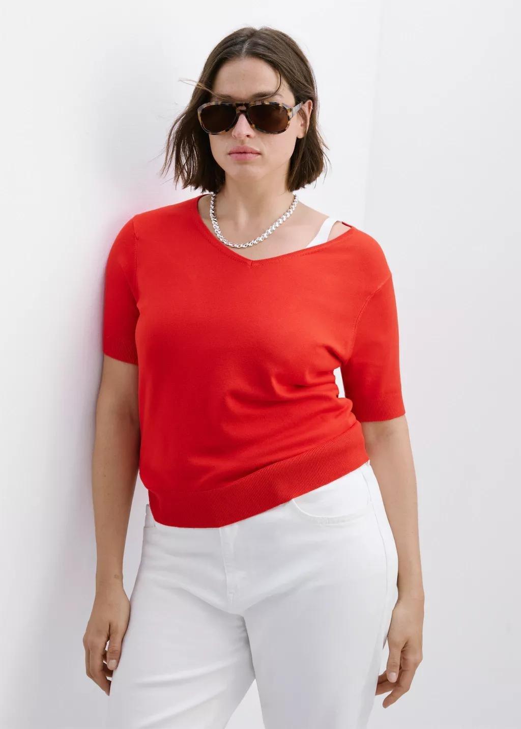 Red V-Neck Knit Sweater, Red, large image number 6