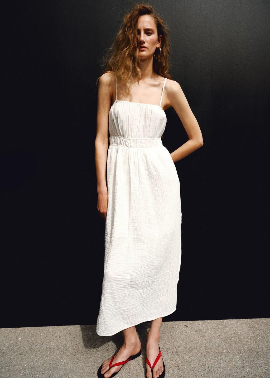 White Crinkled Muslin Dress, White, large image number 0