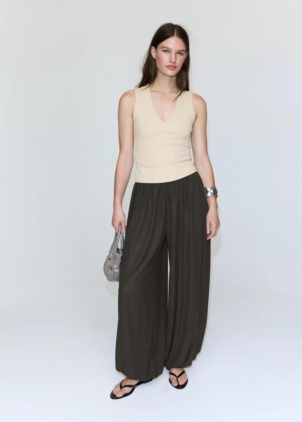 Beige Fitted V-Neck Top, Light Beige, large image number 0