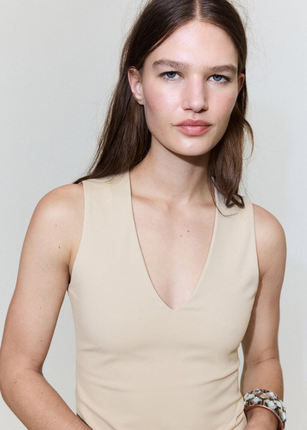 Beige Fitted V-Neck Top, Light Beige, large image number 3