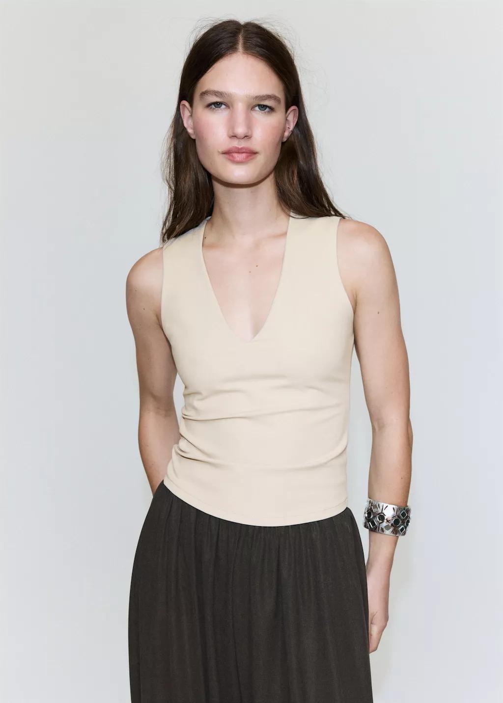 Beige Fitted V-Neck Top, Light Beige, large image number 4