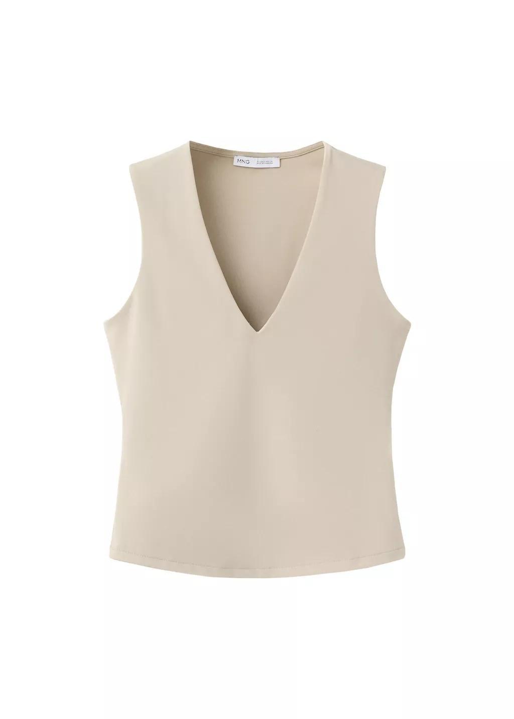 Beige Fitted V-Neck Top, Light Beige, large image number 10