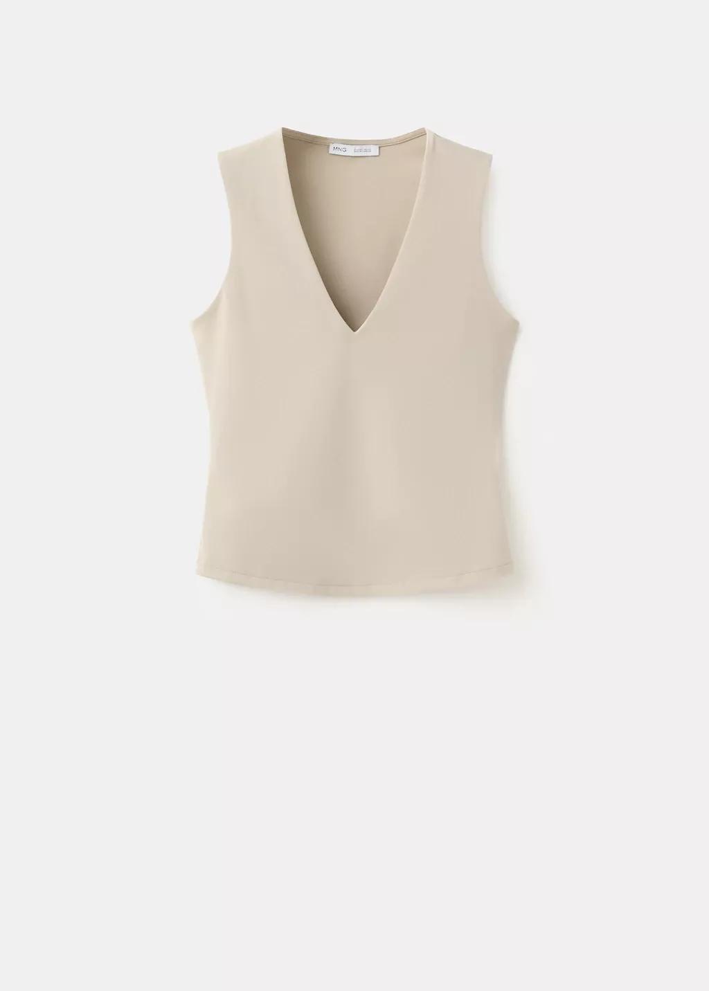 Beige Fitted V-Neck Top, Light Beige, large image number 12