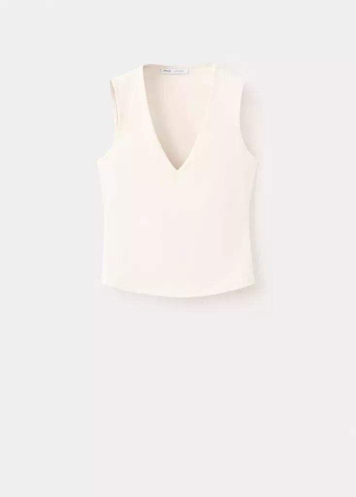 Beige Fitted V-Neck Top, Light Beige, large image number 13