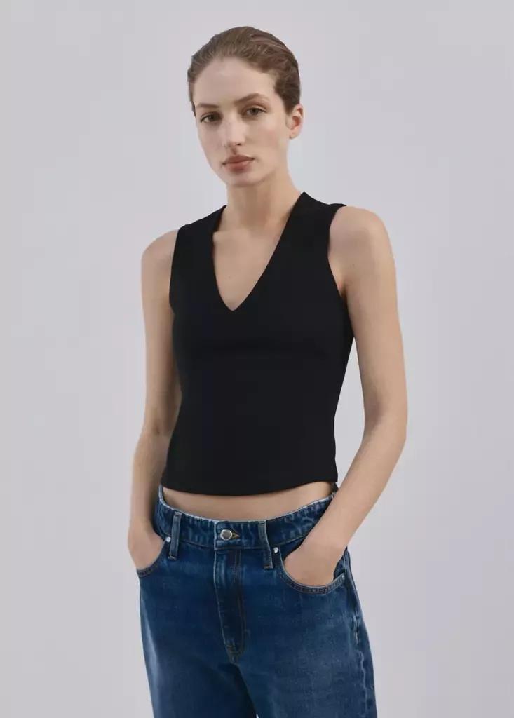 Black Fitted V-Neck Top, Black, large image number 2