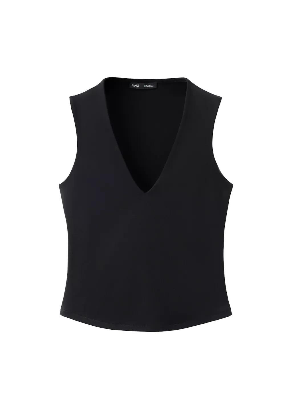 Black Fitted V-Neck Top, Black, large image number 8