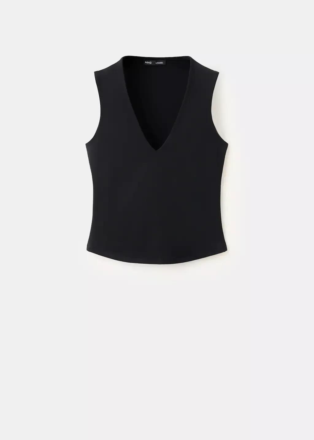 Black Fitted V-Neck Top, Black, large image number 10