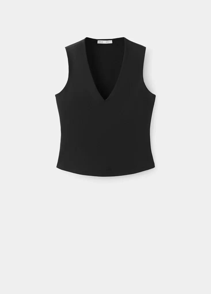 Black Fitted V-Neck Top, Black, large image number 11