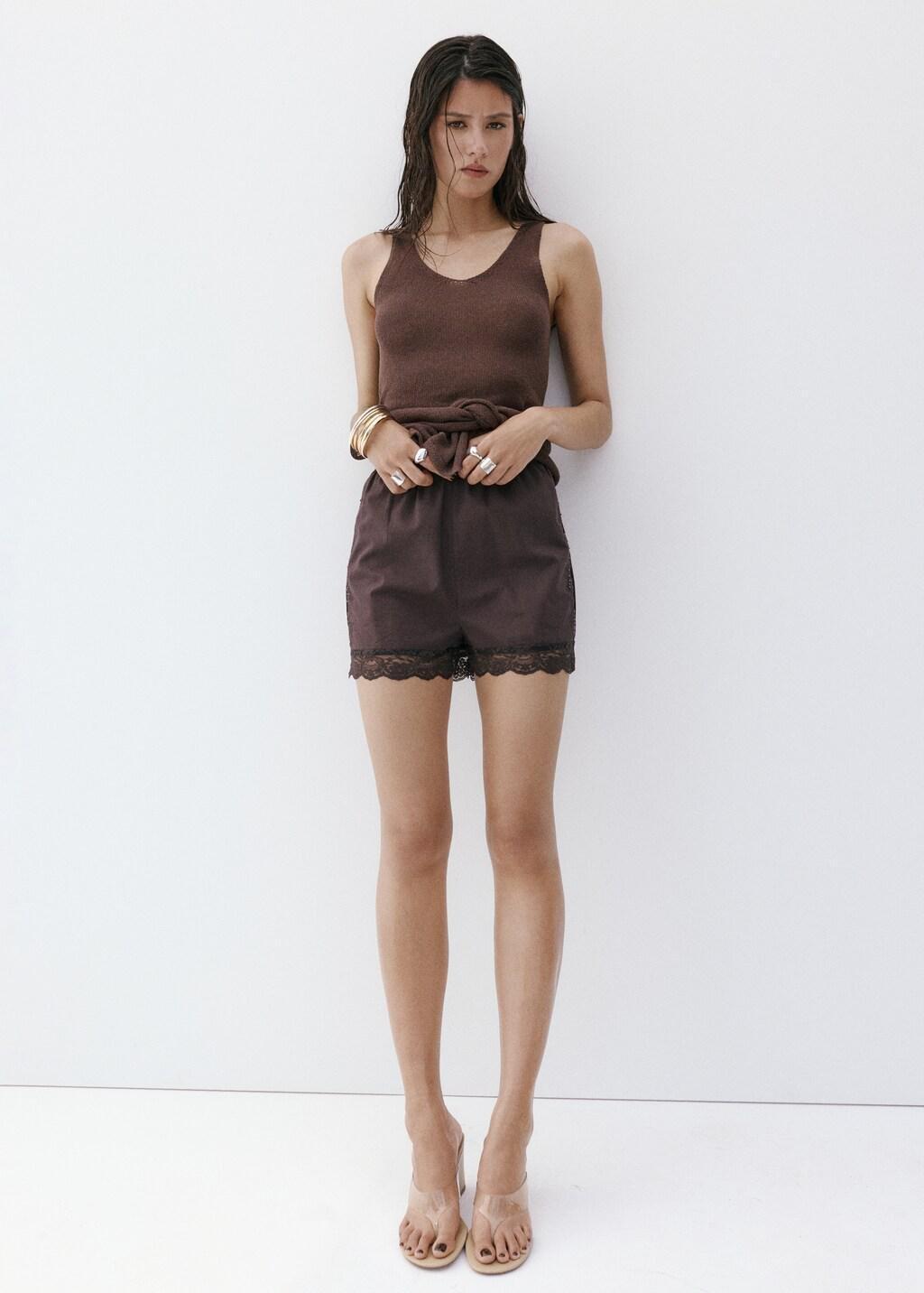 Brown Straight Shorts With Lace Detail, Brown, large image number 0