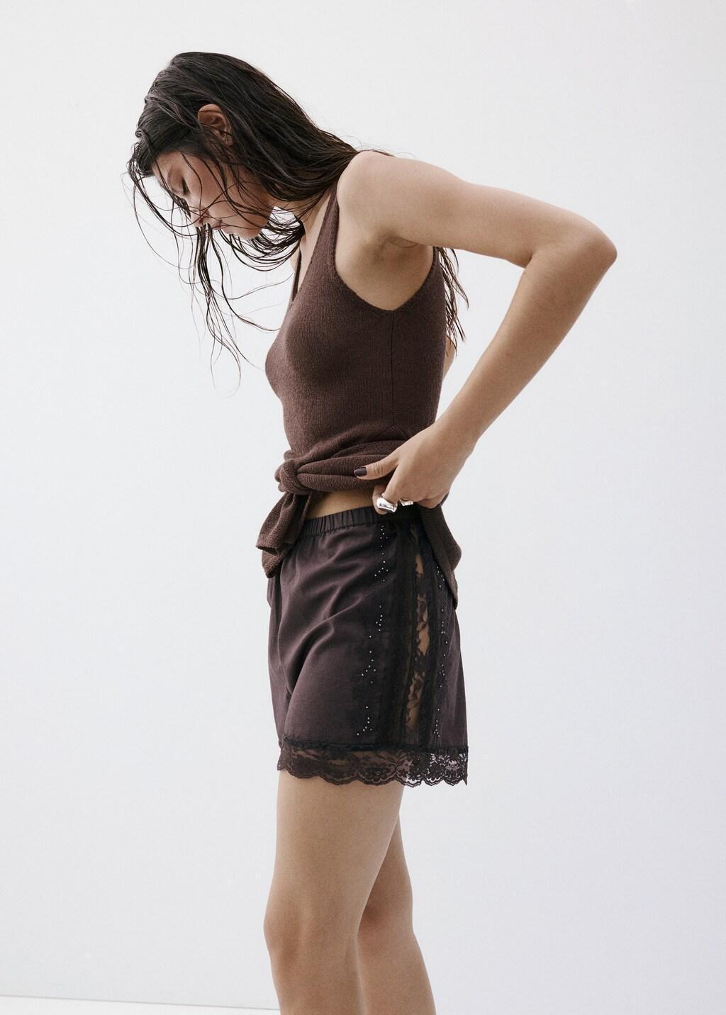 Brown Straight Shorts With Lace Detail, Brown, large image number 3