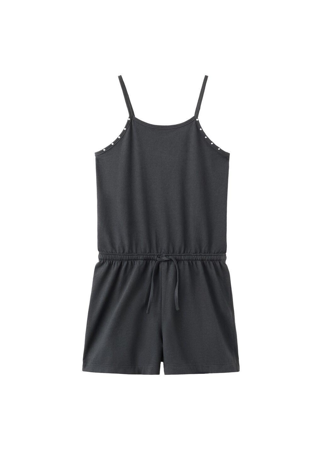 Grey Cotton Studded Playsuit, Kids Girls, Charcoal, large image number 4