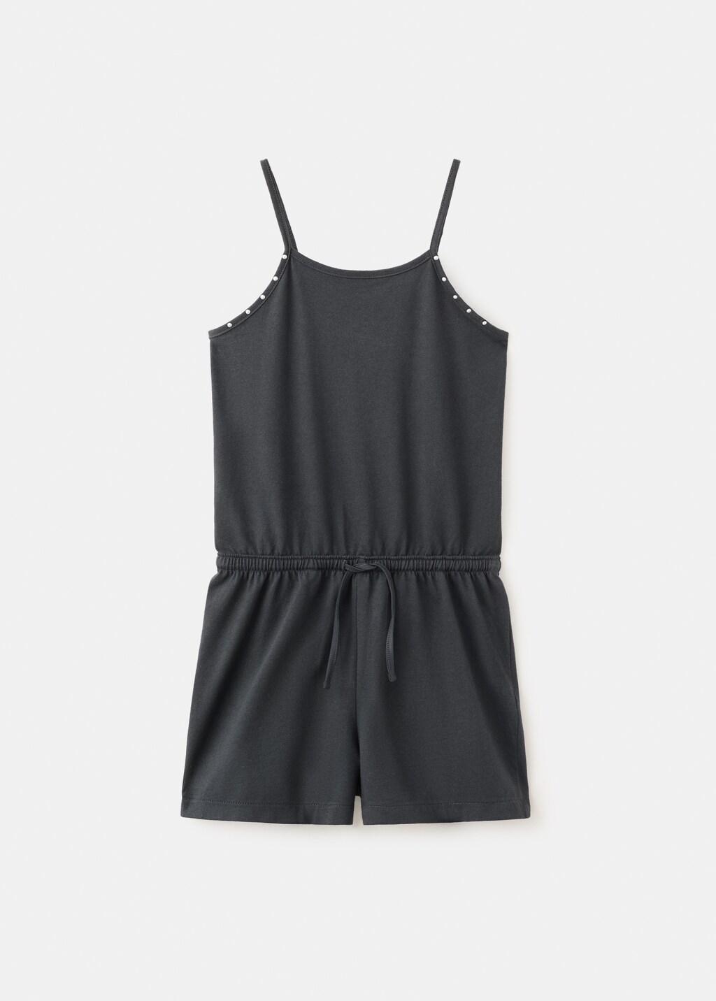 Grey Cotton Studded Playsuit, Kids Girls, Charcoal, large image number 5