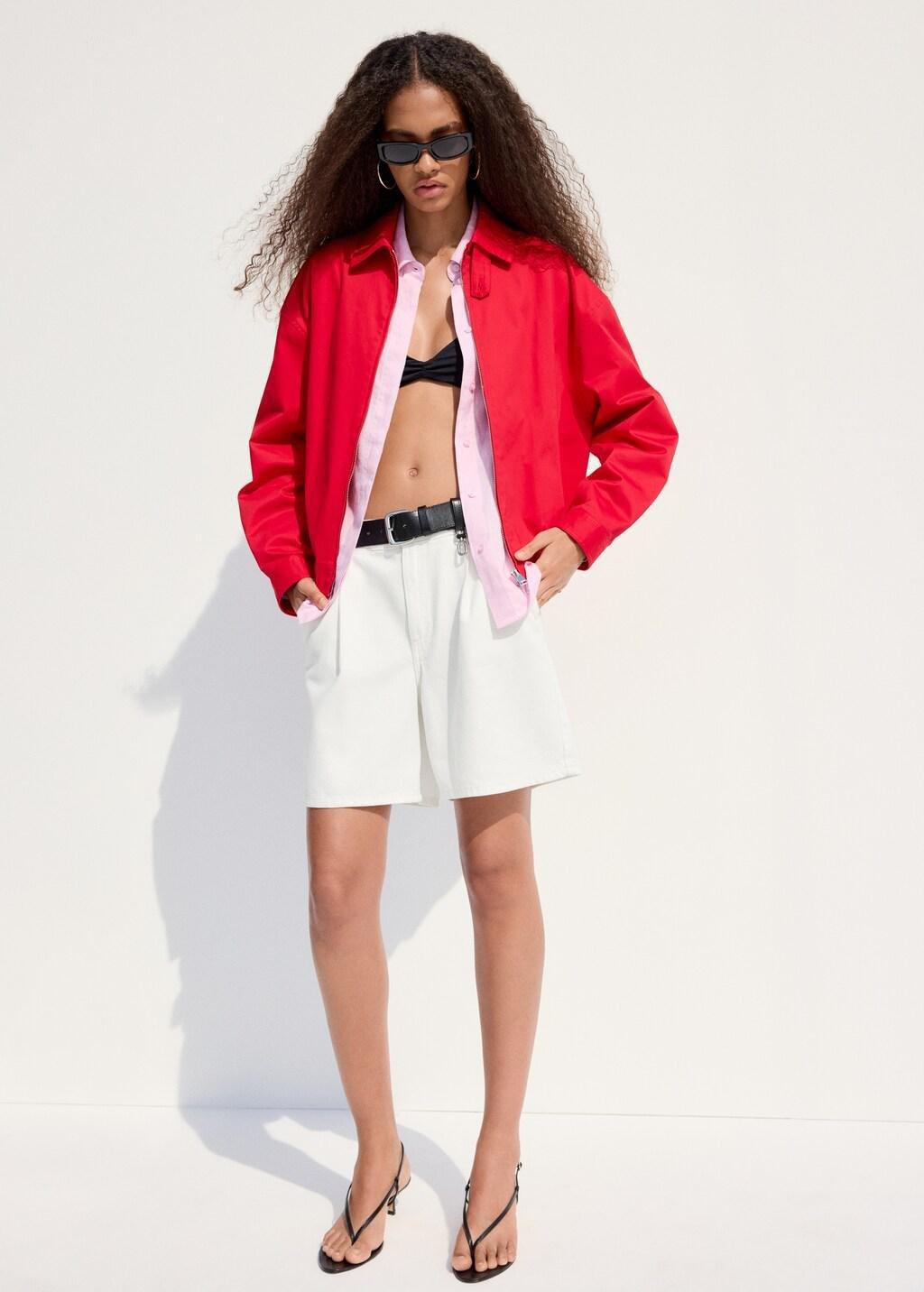 White Mid-Rise Denim Bermuda Shorts With Pleats, Natural White, large image number 0