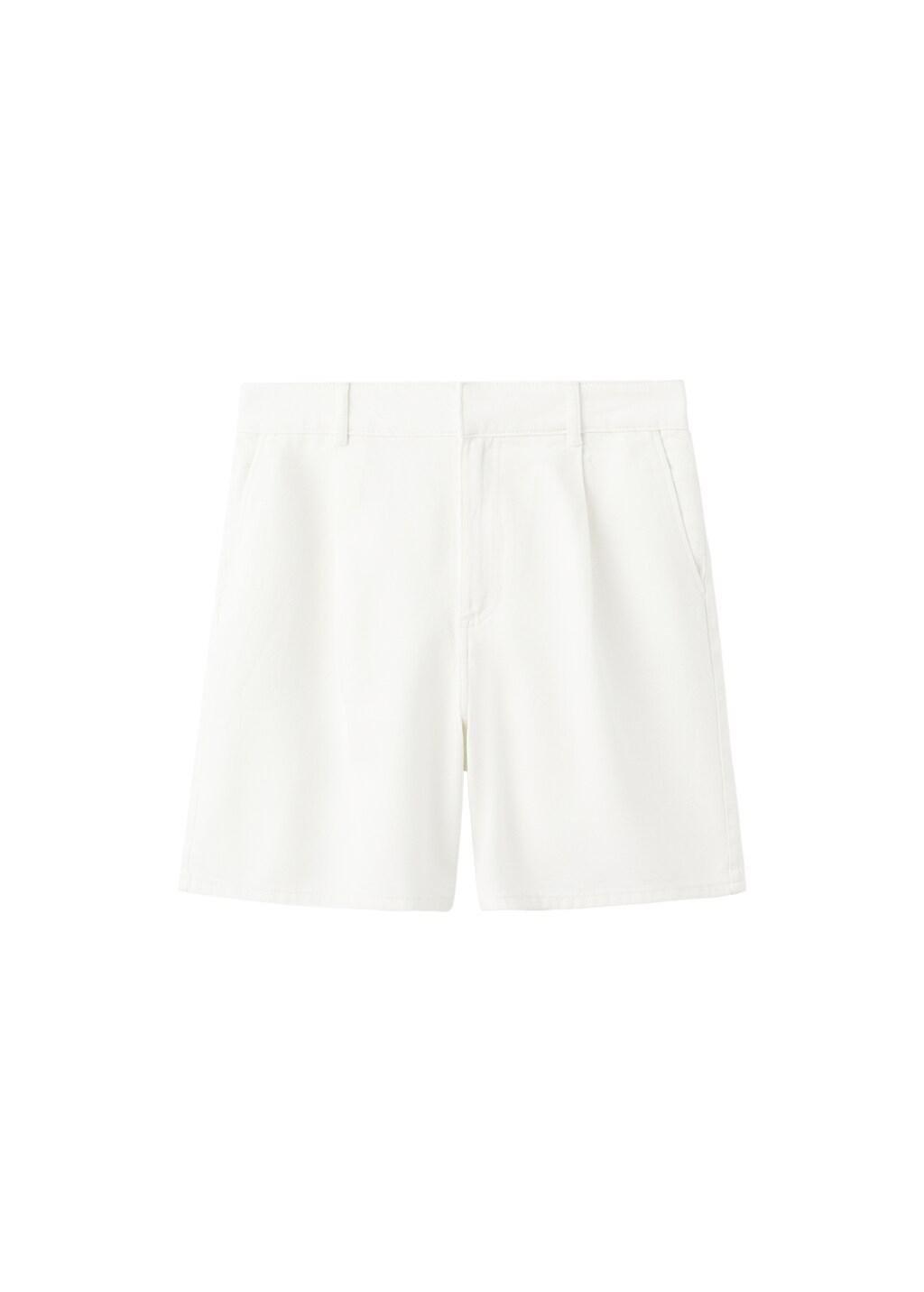 White Mid-Rise Denim Bermuda Shorts With Pleats, Natural White, large image number 7