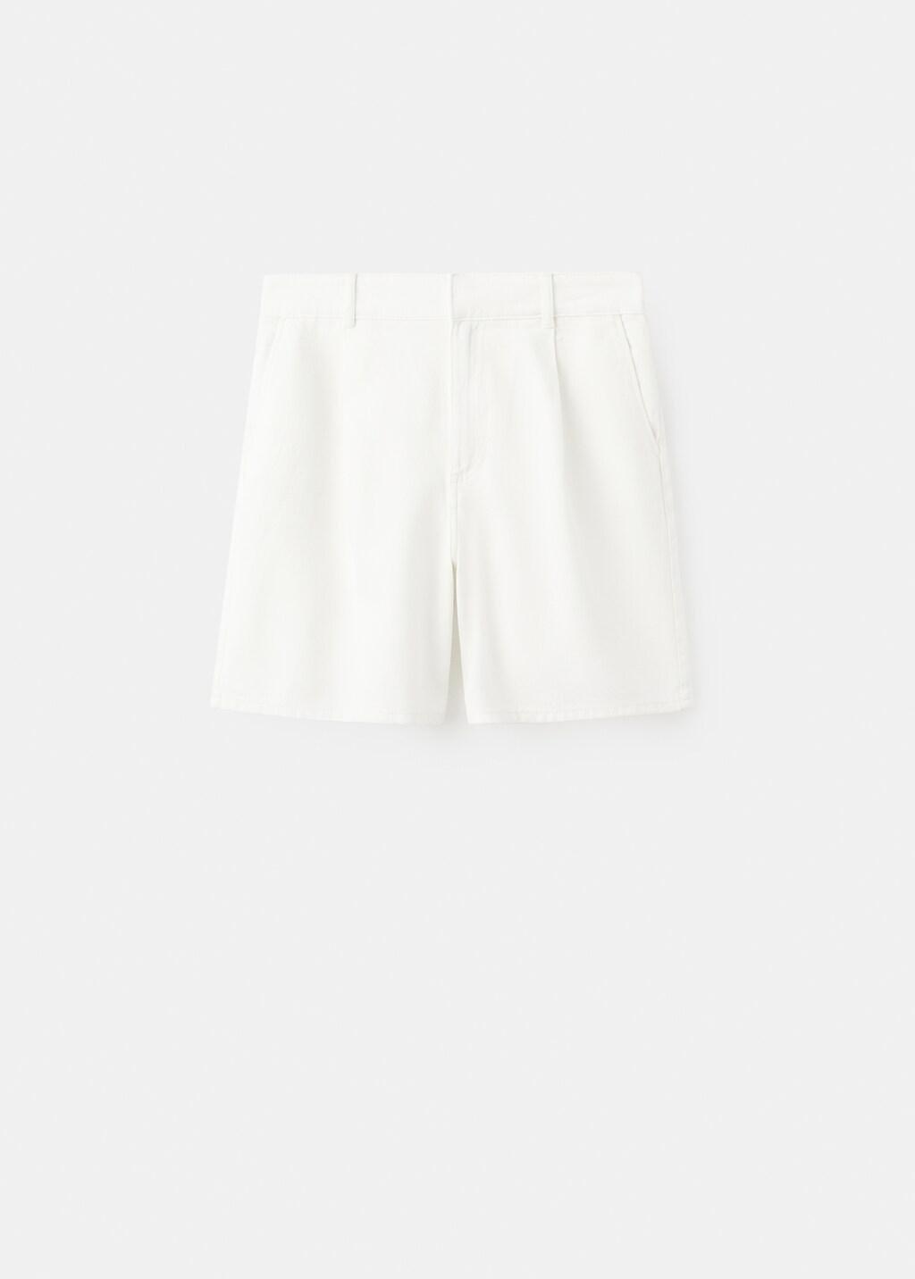 White Mid-Rise Denim Bermuda Shorts With Pleats, Natural White, large image number 8