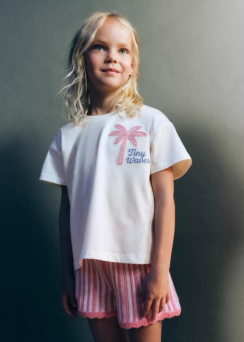 White Embroidered Palm Tree T-Shirt With Back Slit, Baby Girls, Natural White, large image number 0