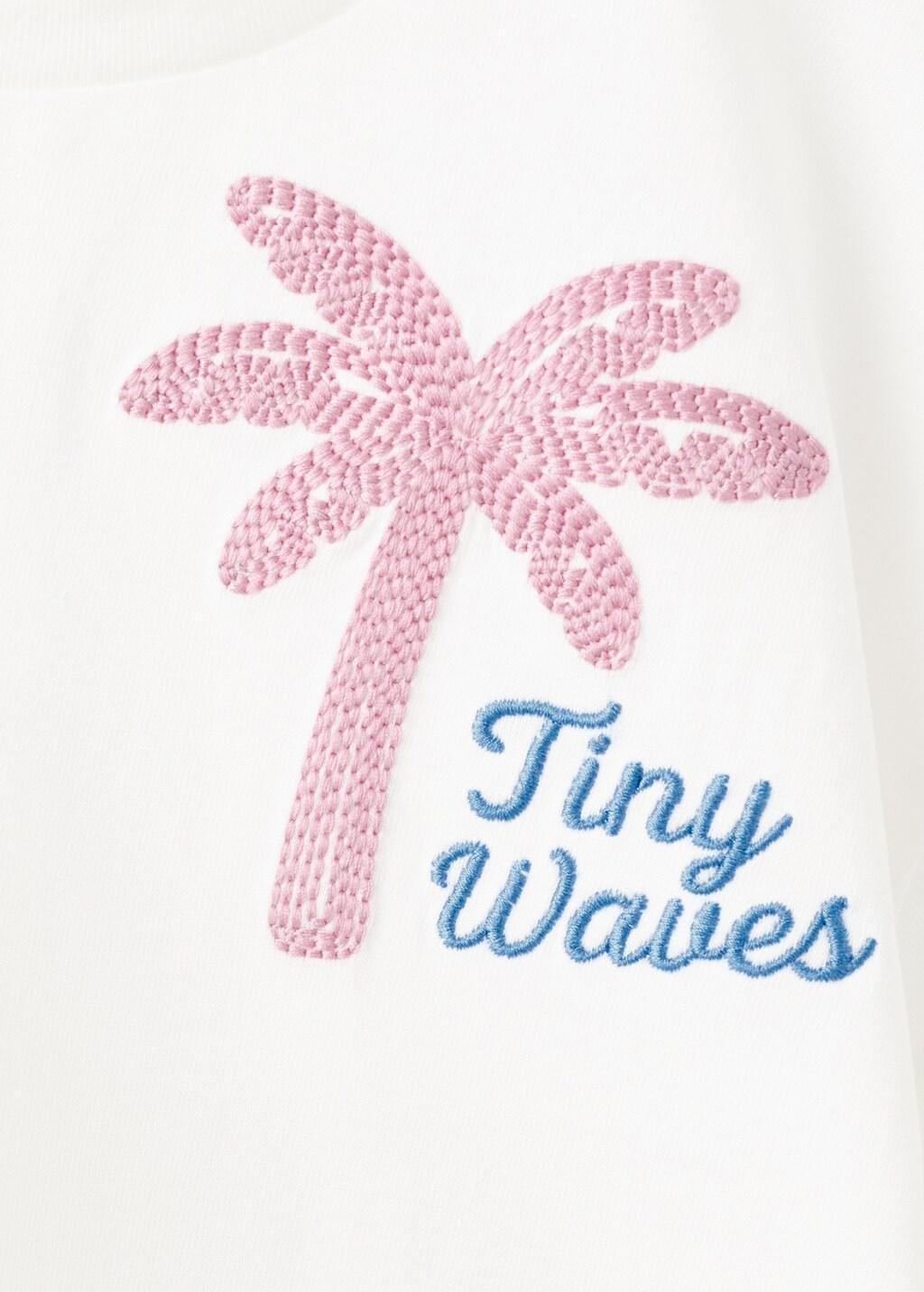 White Embroidered Palm Tree T-Shirt With Back Slit, Baby Girls, Natural White, medium