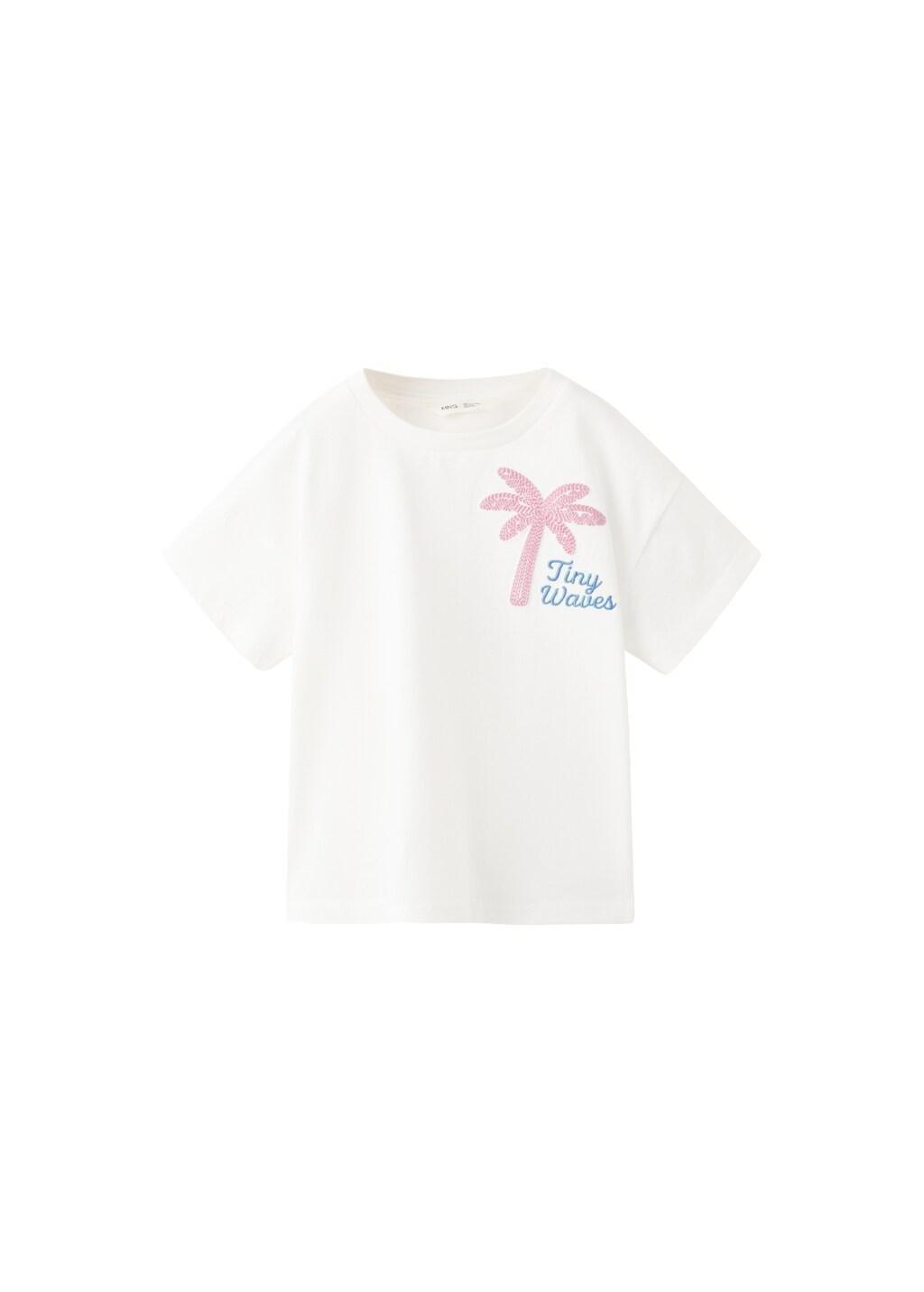 White Embroidered Palm Tree T-Shirt With Back Slit, Baby Girls, Natural White, large image number 4