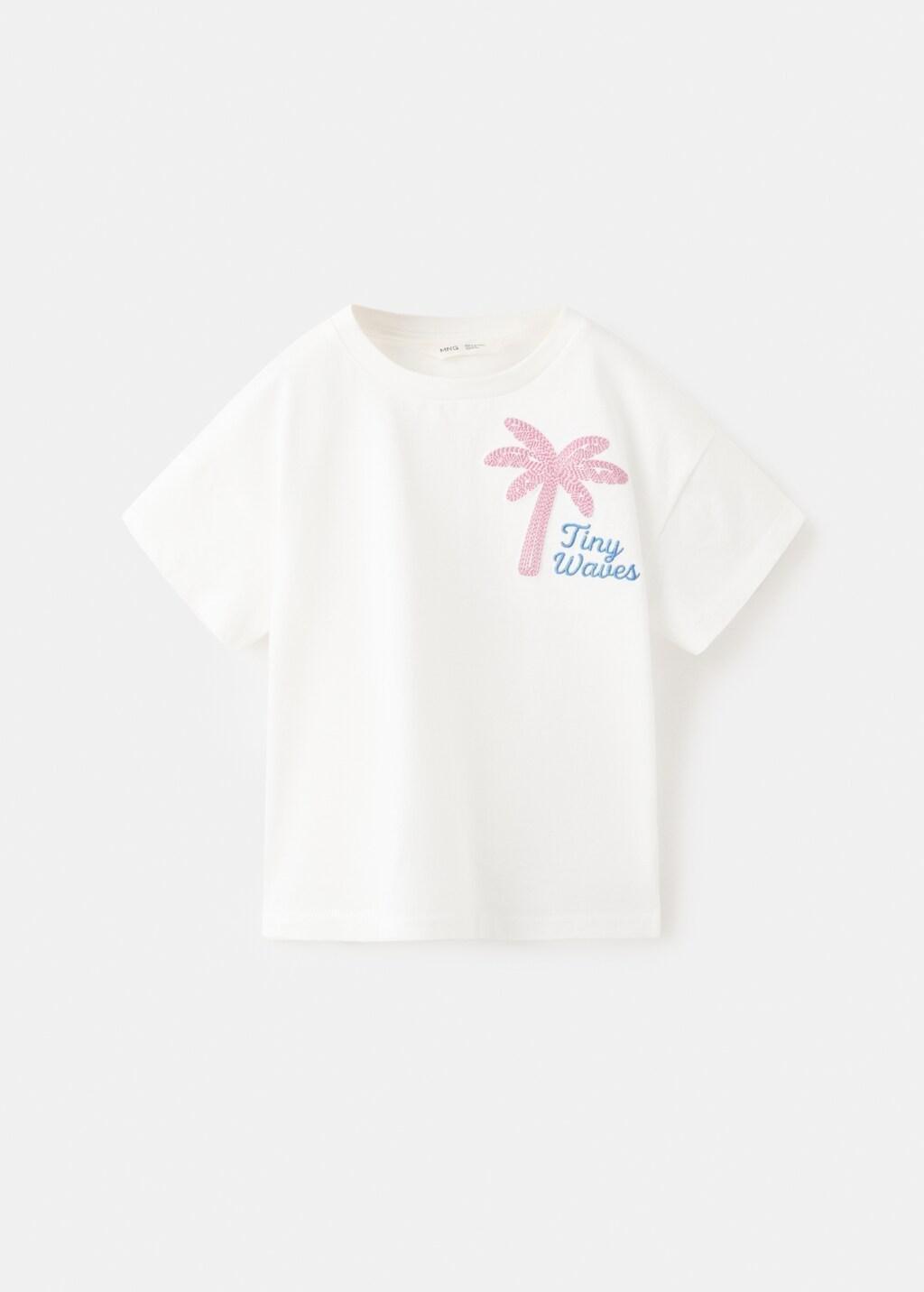 White Embroidered Palm Tree T-Shirt With Back Slit, Baby Girls, Natural White, large image number 5