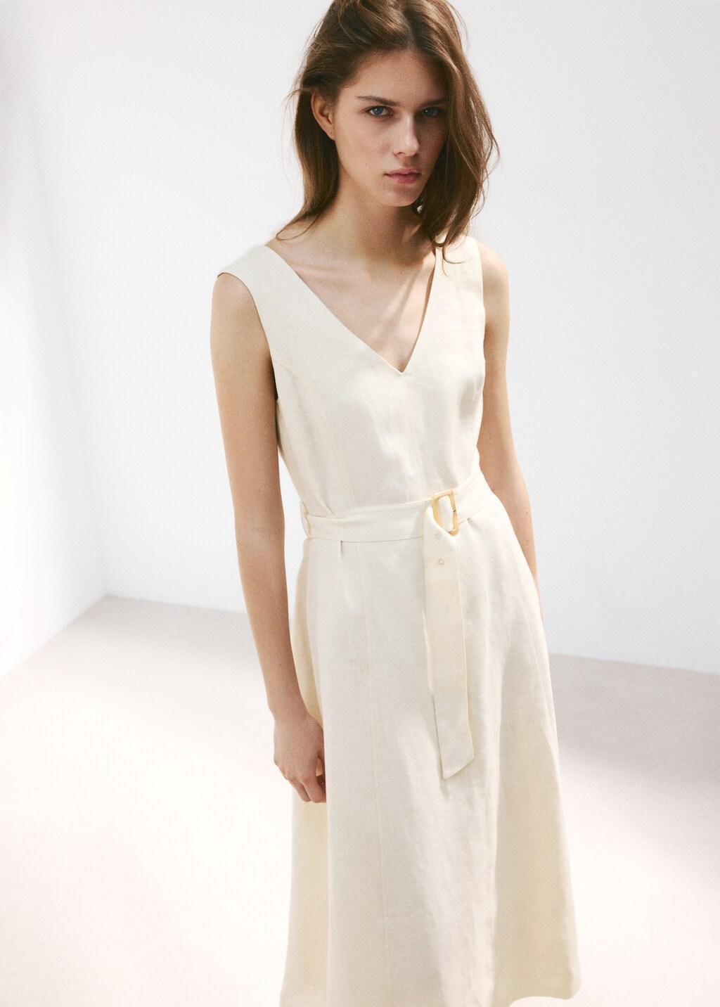 Beige Linen Midi-Dress With Belt, Light Beige, large image number 3