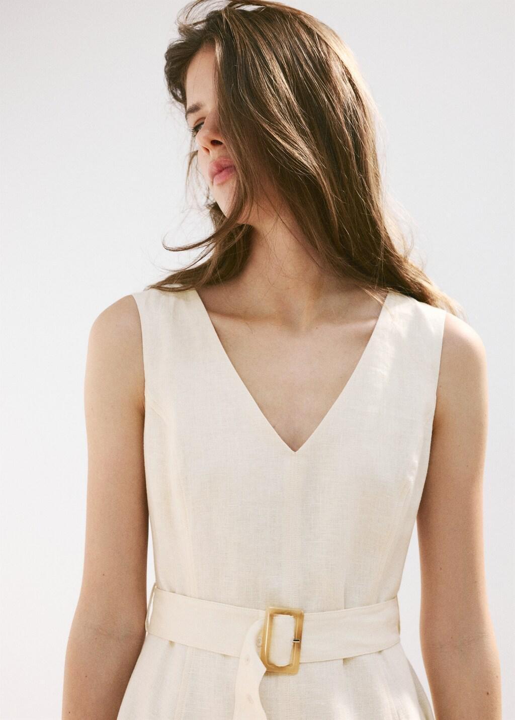 Beige Linen Midi-Dress With Belt, Light Beige, large image number 4