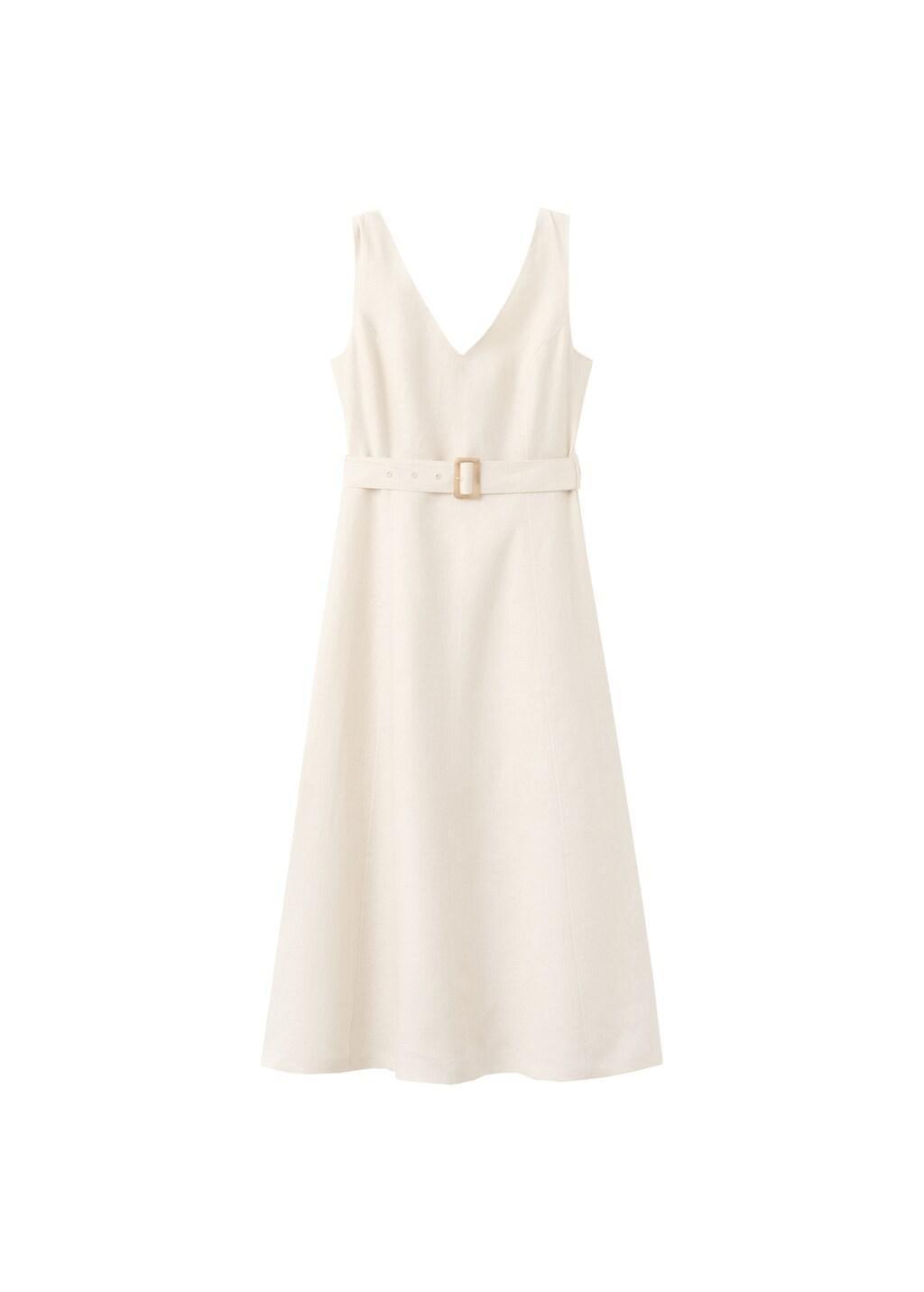 Beige Linen Midi-Dress With Belt, Light Beige, large image number 6