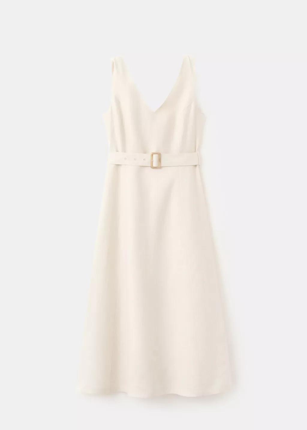 Beige Linen Midi-Dress With Belt, Light Beige, large image number 7