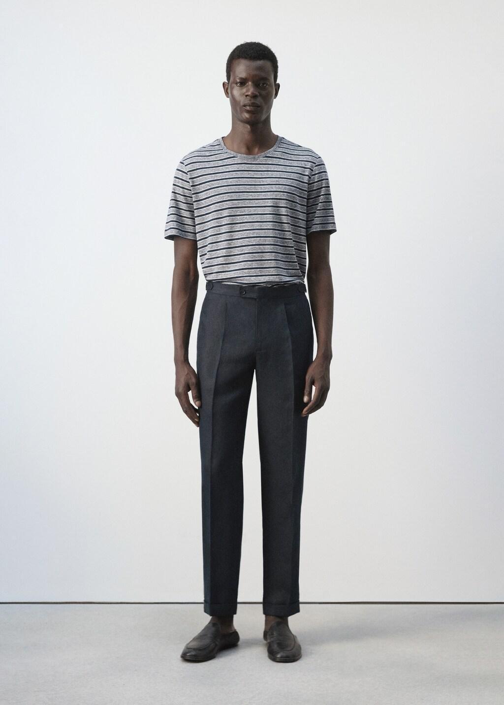 Navy 100% Linen Trousers With Adjustable Straps, Navy, large image number 0