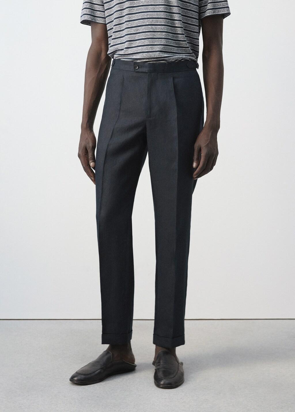 Navy 100% Linen Trousers With Adjustable Straps, Navy, large image number 3
