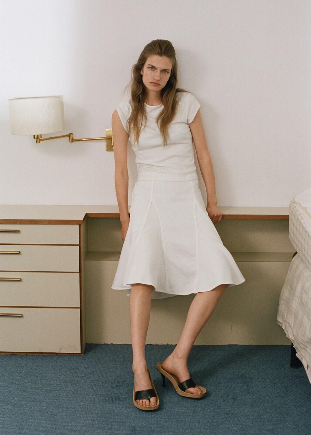White Midi Cotton Skirt With Godets, White, large image number 0