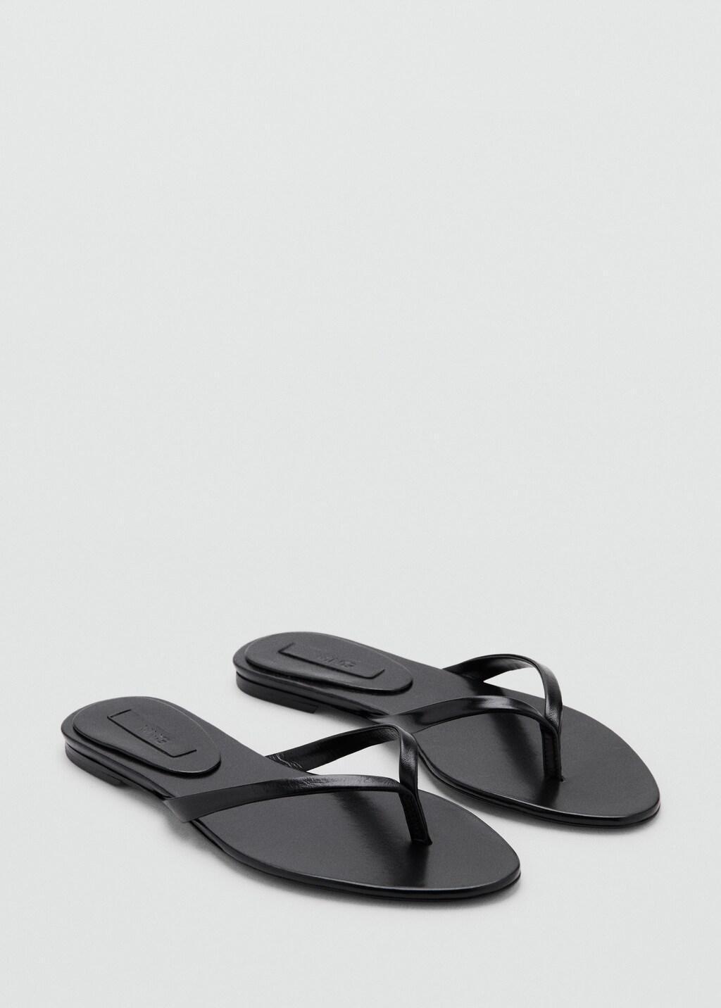 Black Leather Strap Sandals, Black, large image number 1