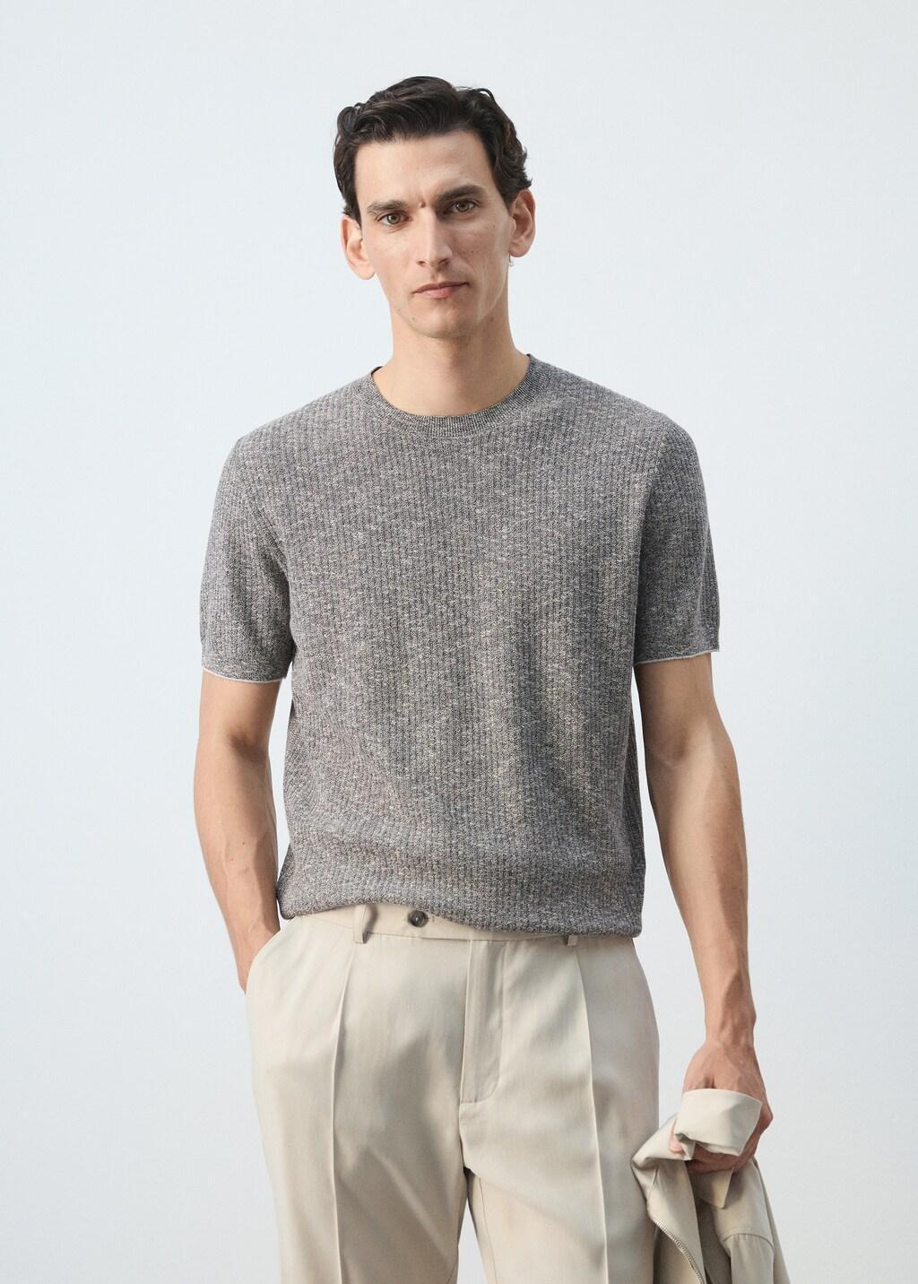 Navy Cotton-Linen Blend Knit T-Shirt, Navy, large image number 3