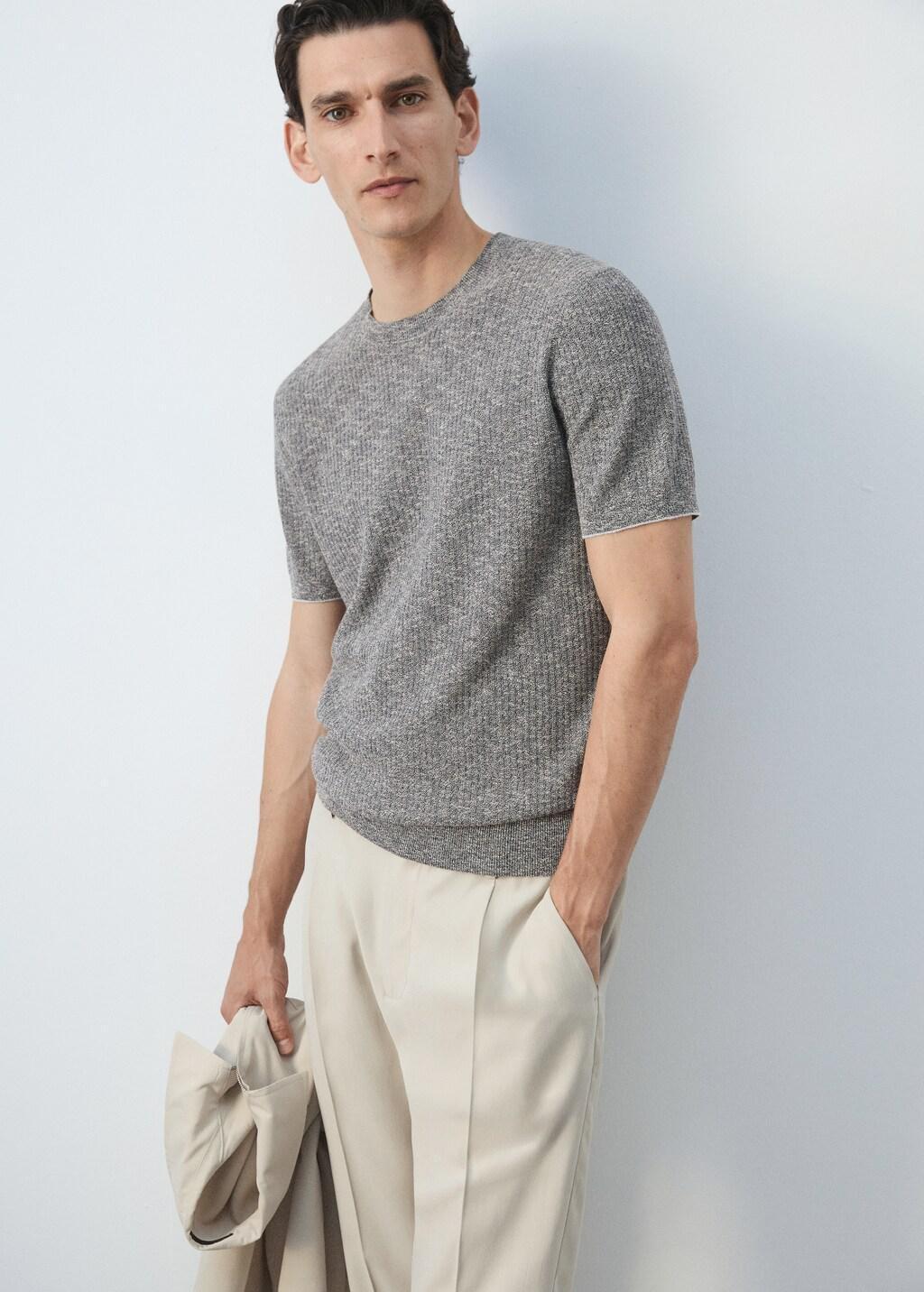 Navy Cotton-Linen Blend Knit T-Shirt, Navy, large image number 4