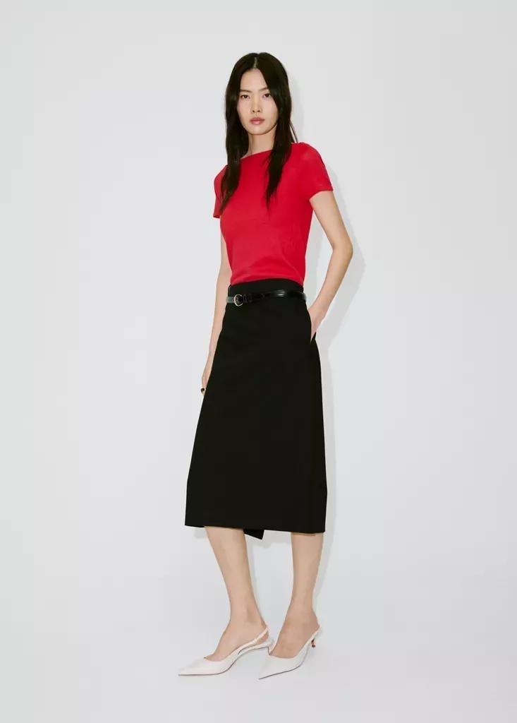 Red Short-Sleeved Fine-Knit Sweater, Red, large image number 0