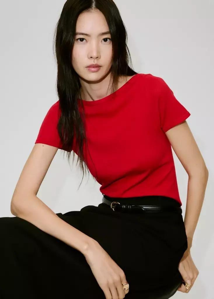 Red Short-Sleeved Fine-Knit Sweater, Red, medium