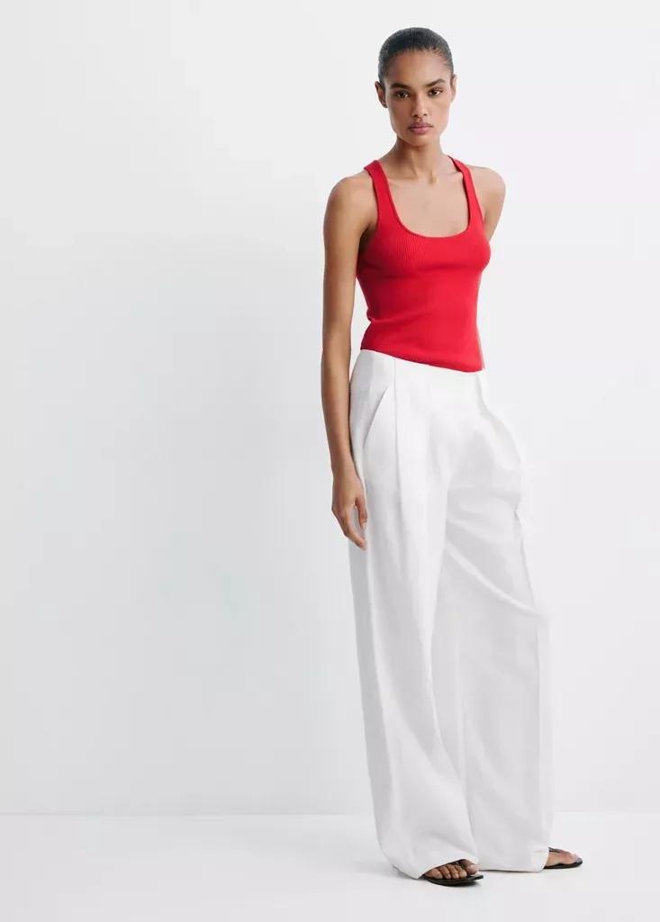 Red Fitted Ribbed Top, Red, large image number 0