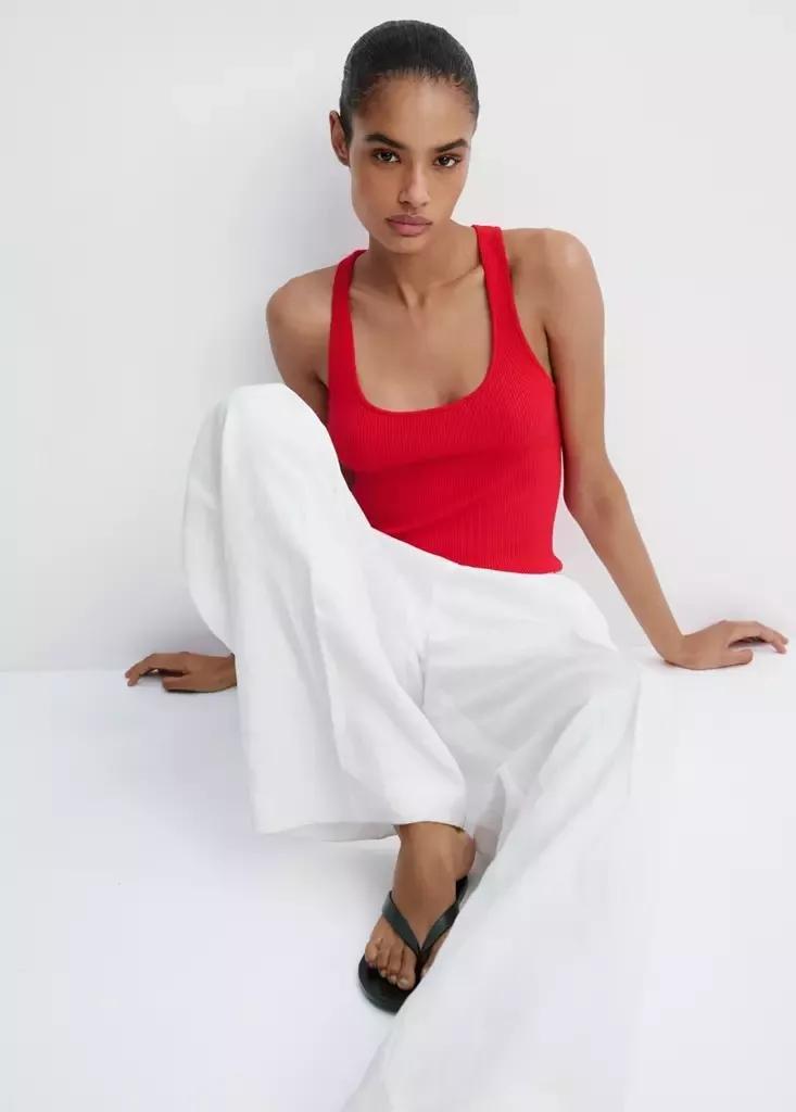 Red Fitted Ribbed Top, Red, large image number 3
