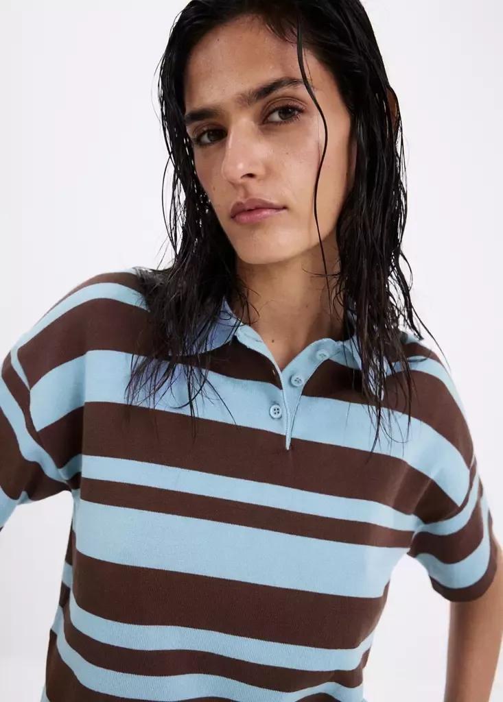 Blue Lt Pastel Striped Cotton Polo Shirt, Light-Pastel Blue, medium