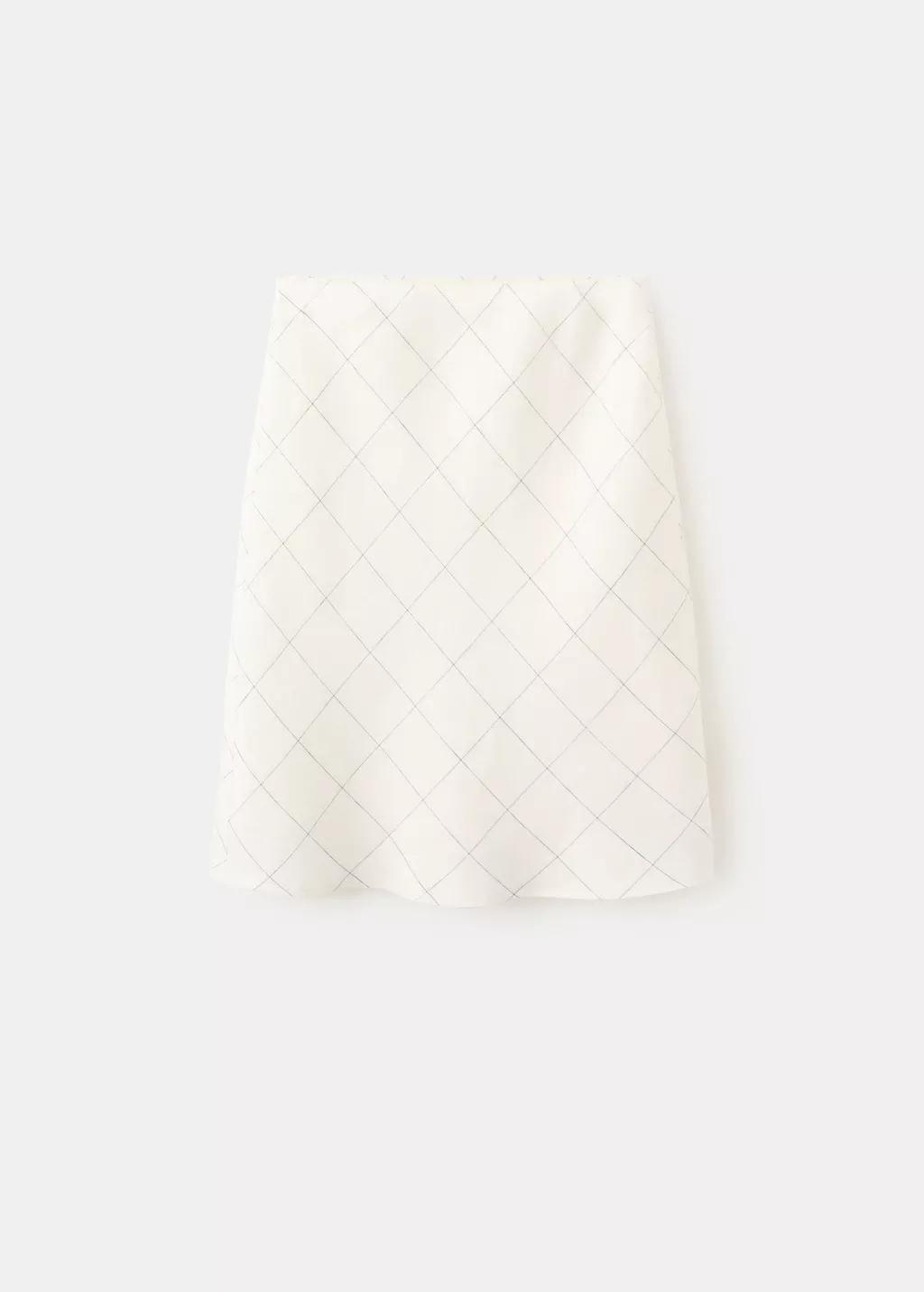White Linen Checked Skirt, White, large image number 0