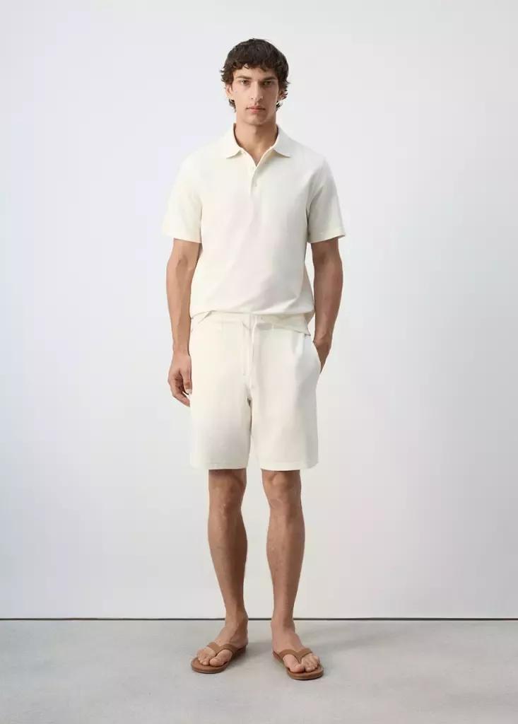 White Textured Cotton Blend Bermuda Shorts With Drawstring, White, medium
