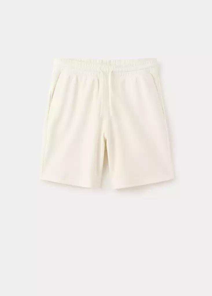 White Textured Cotton Blend Bermuda Shorts With Drawstring, White, large image number 5