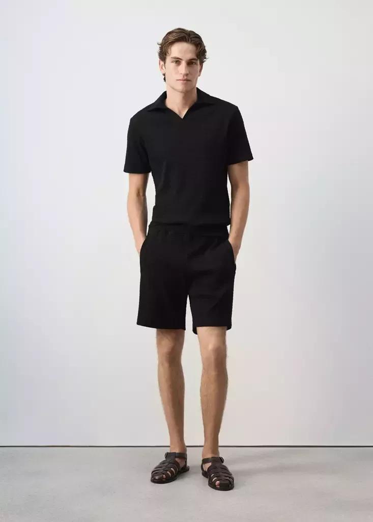 Black 100% Cotton Textured Bermuda Shorts, Black, large image number 0