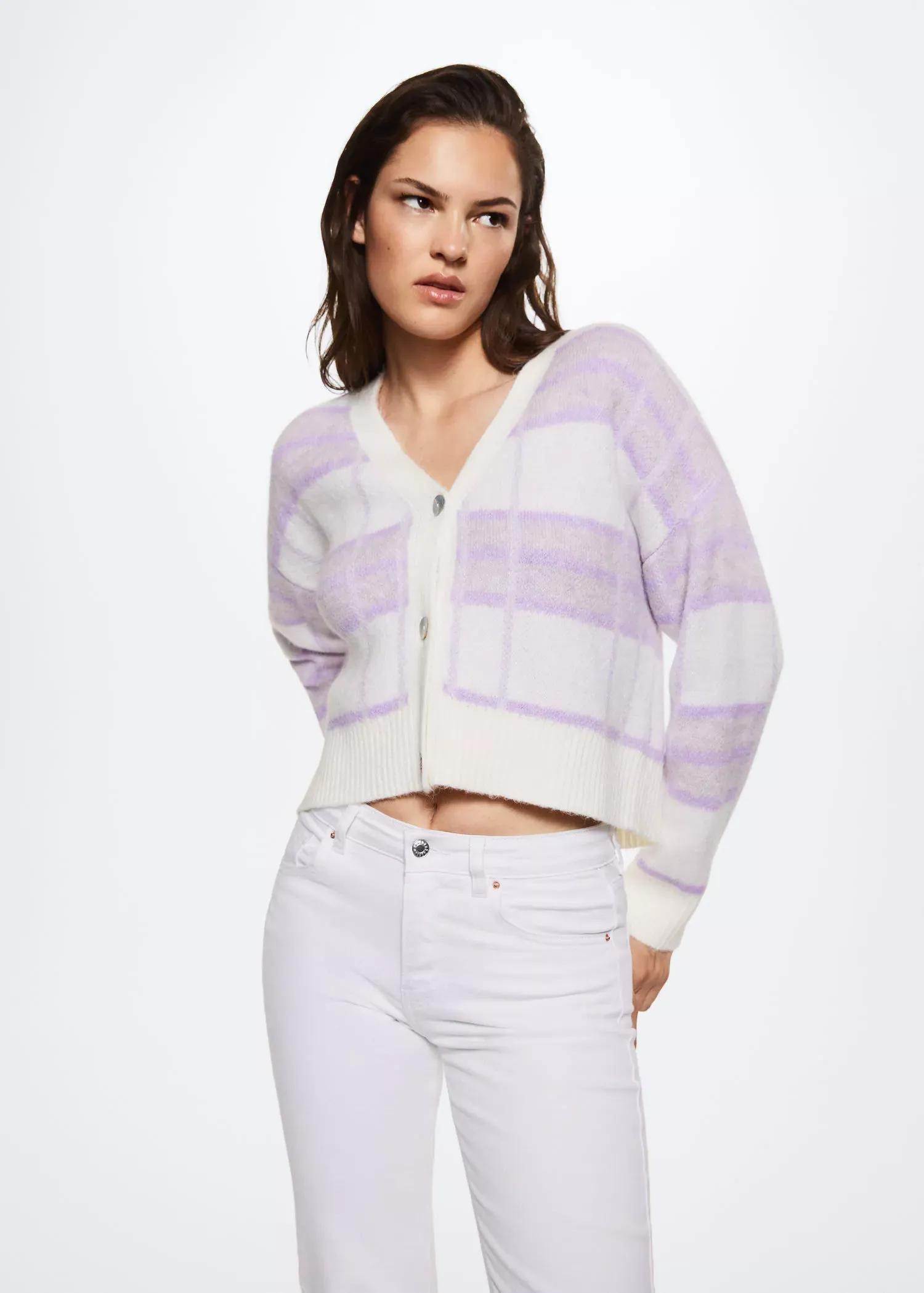 Purple Lt-Pastel Check Knitted Cardigan, , large image number 1