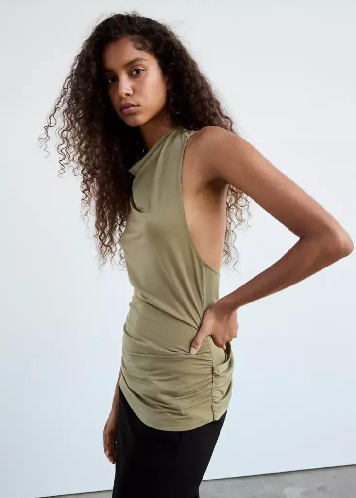 BEIGE - KHAKI Asymmetric draped blouse, Beige - Khaki, medium