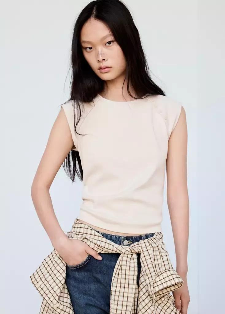 Beige Button Detail T-Shirt, , large image number 4
